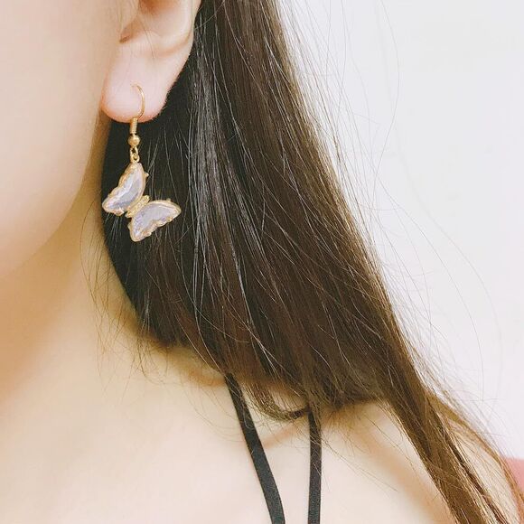 CZ Butterfly Glass Drop Dangle Earrings 925 Sterling Silver Post CZ Gold Plated - Picture 1 of 4